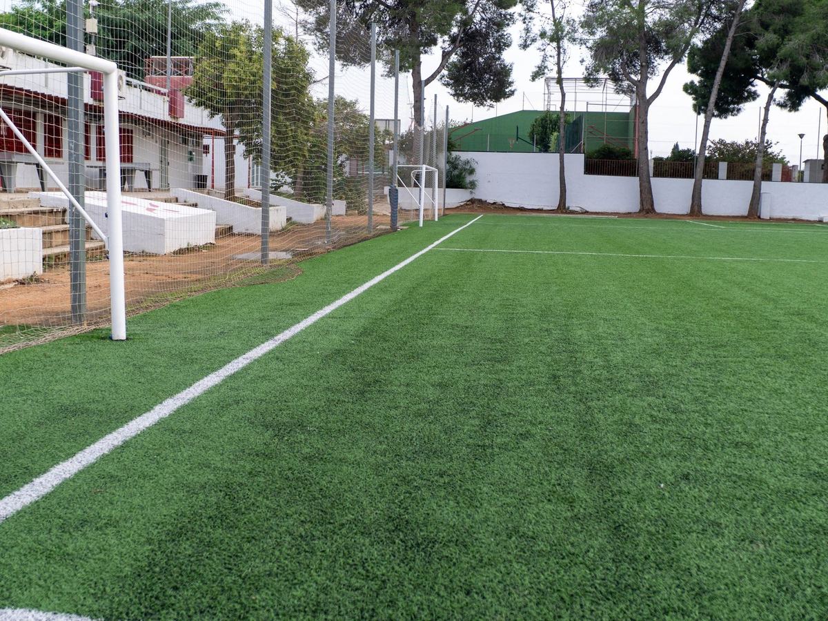Portería y banda del campo, con la grada y el edificio del colegio al fondo